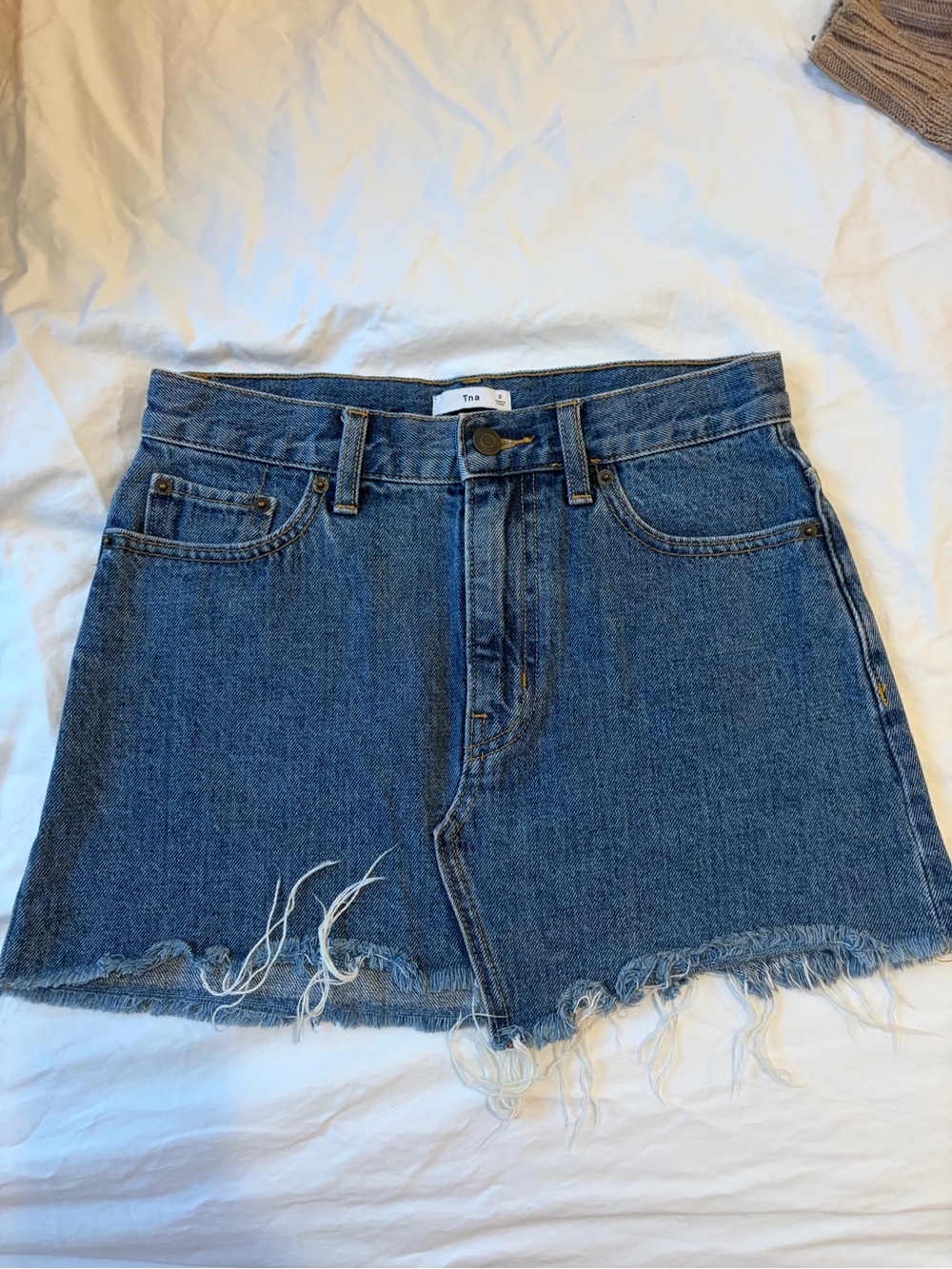 TNA Dark Blue Denim Frayed Hem Mini Skirt